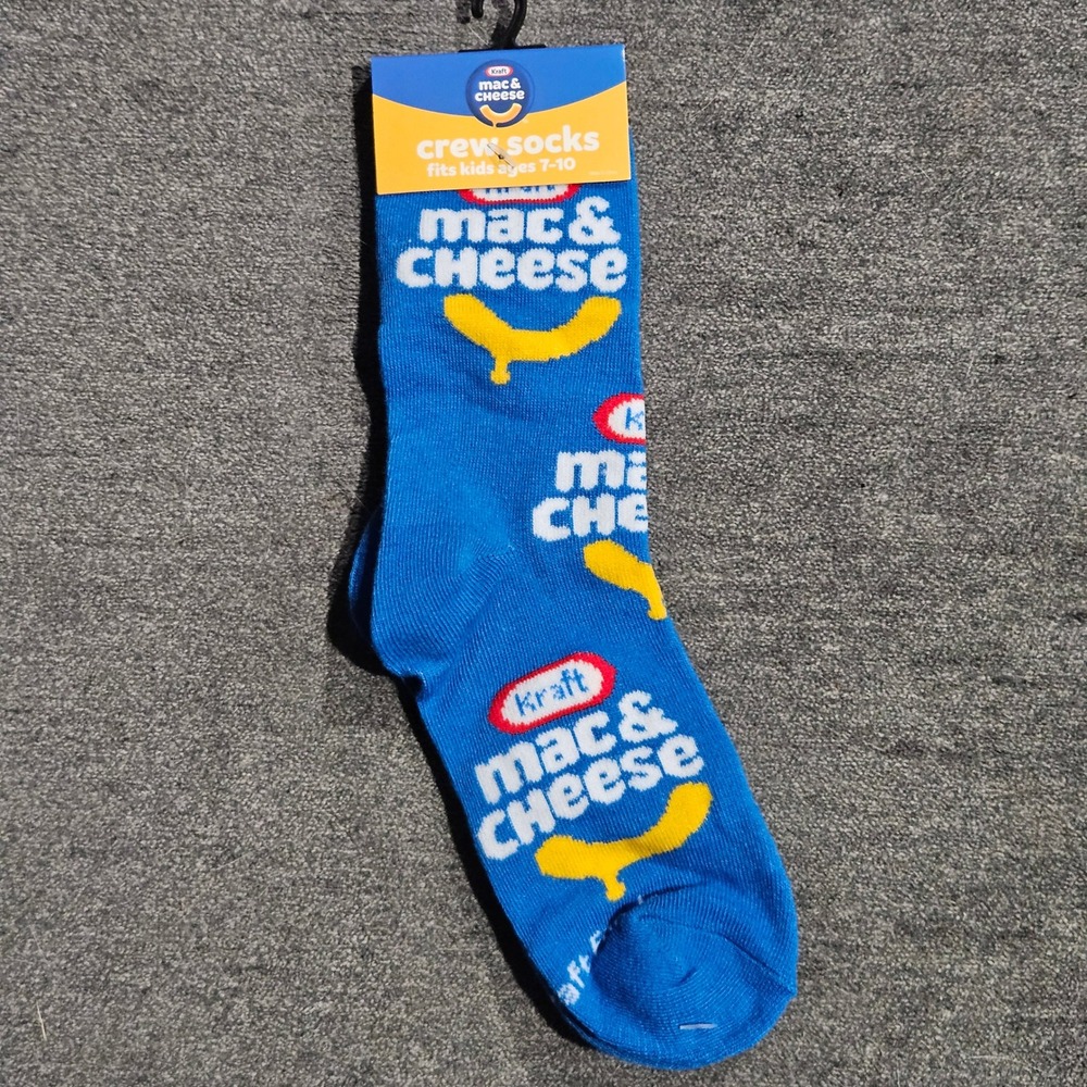 Kraft Mac & Cheese Kids Crew Socks Blue Yellow Noodle Logo Ages 7-10